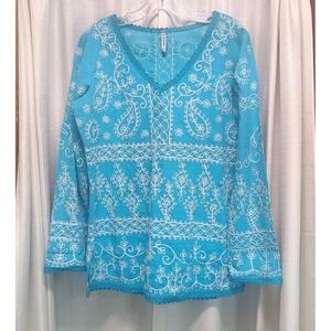 Ananda Women's Size M Blue White Floral Embroidered Long Sleeve Boho Tunic Top